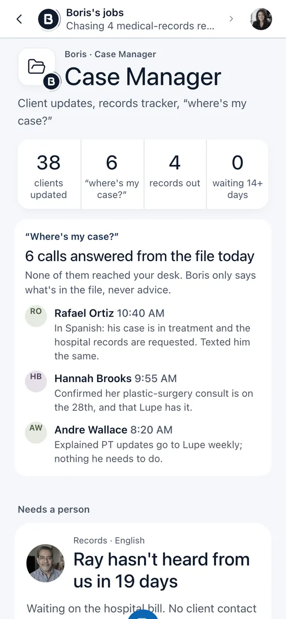 Boris app, Case Manager: 38 clients updated, 6 'where's my case' calls answered from the file, 4 records out