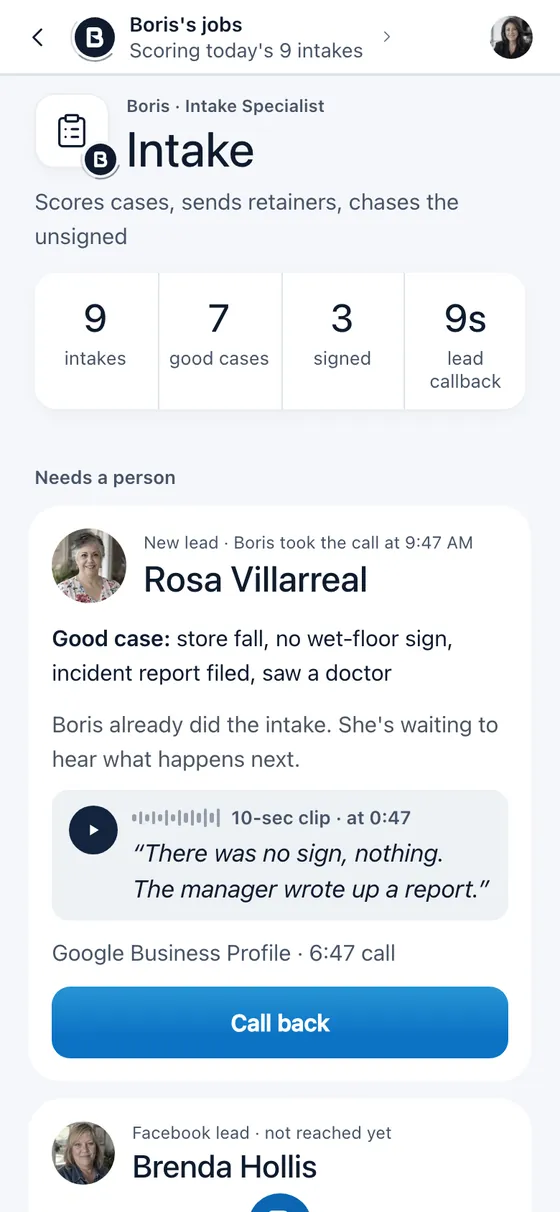Boris app, Intake Specialist: 9 intakes, 7 good cases, 3 signed, 9 seconds to call a lead back, and a new lead Boris already took the intake for