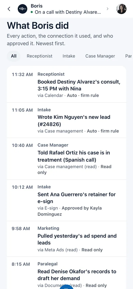 Boris app, What Boris did: every action with the time, the job, the connection it used and who approved it