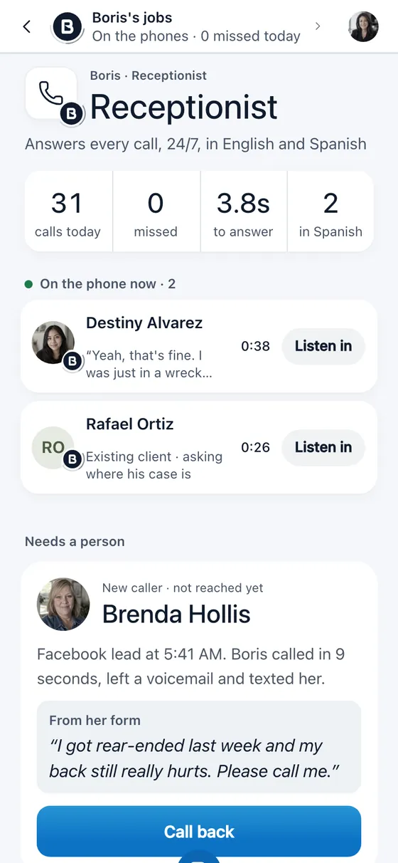 Boris app, Receptionist: 31 calls today, 0 missed, 3.8 seconds to answer, 2 in Spanish, and two calls in progress